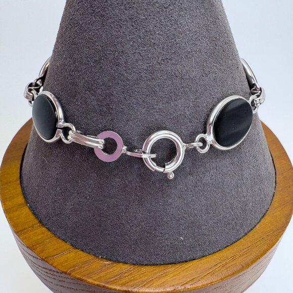 VTG Sterling Silver 925 Black Onyx Bezel Set Station Bracelet Size 7.75" Length - Picture 4 of 10